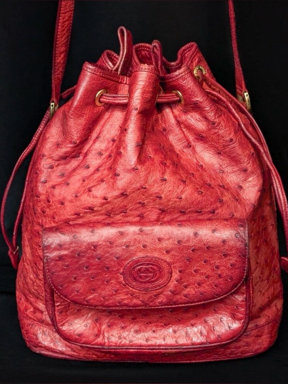 GUCCI Ostrich Leather Drawstring Bucket Bag - RED